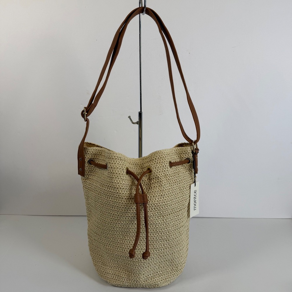 Montce Straw Bucket Bag Drawstring‎ Shoulder Neutral Beach Resort Summer Tote